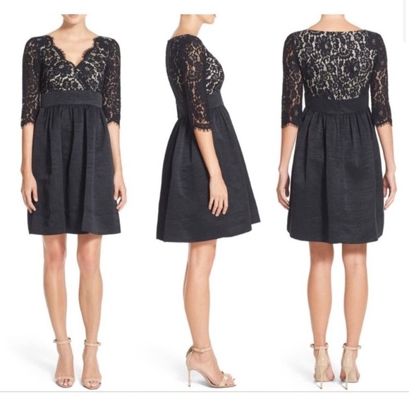 Eliza J Black Lace & Faille Elbow Sleeve V Neck Empire Waist Dress - Picture 1 of 14